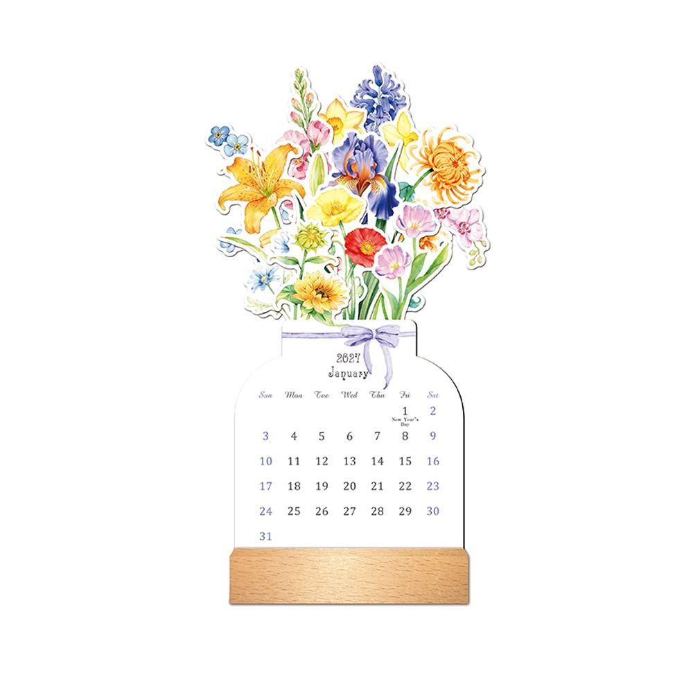 Wooden Base Bloomy Flowers Desk Calendar Floral Floral Desk Calendar  New Year