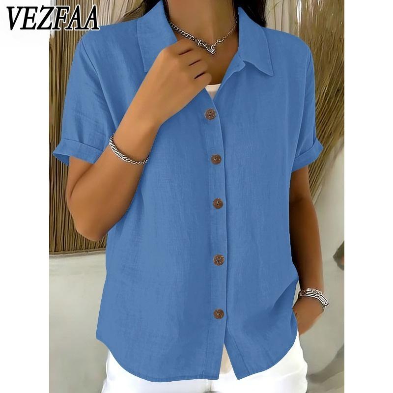 VEZFAA Damenmode, lässig, Sommer, Frühling, einfarbig, kurzärmelig, Polo-Ausschnitt, Blusen und Hemden