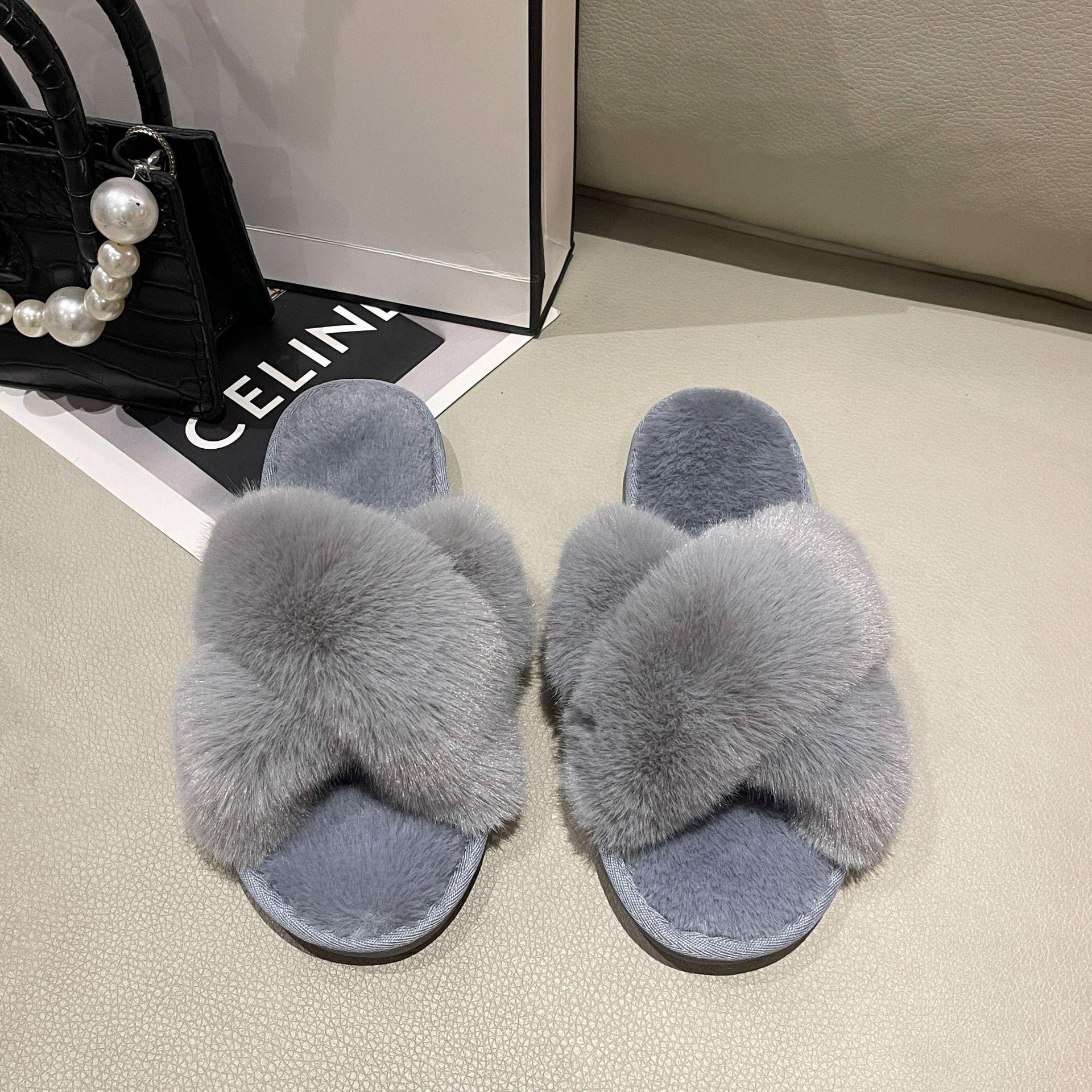 

Жіночі зимові плюшеві бавовняні капці з перехресними ремінцями - Великий розмір, Високі низькі, Пухнасті, Кроляче хутро, Тепло для дому. 40/41 сірий колір