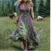Women's V Neck Short Sleeve Maxi Dress Slim Fit Vintage Floral Print Bohemian Long Dress