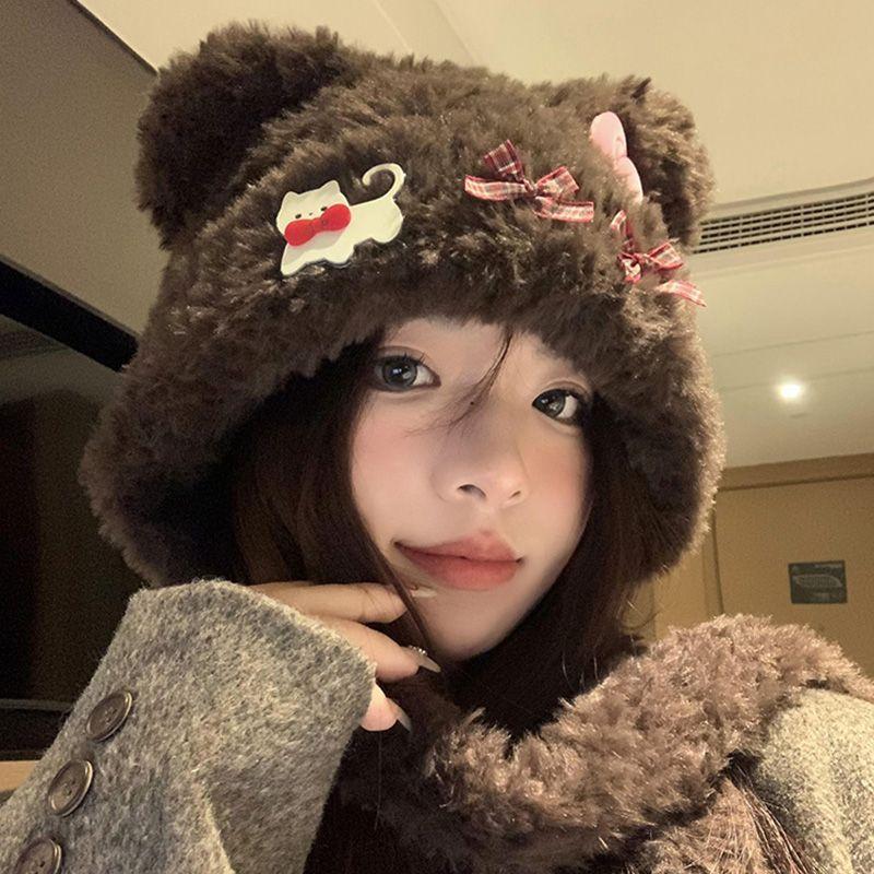 Cute Little Bear Ears Cat Bow Plush Hat for Women In Autumn and Winter Warm Ear Protection Lei Feng Hat Showing Face