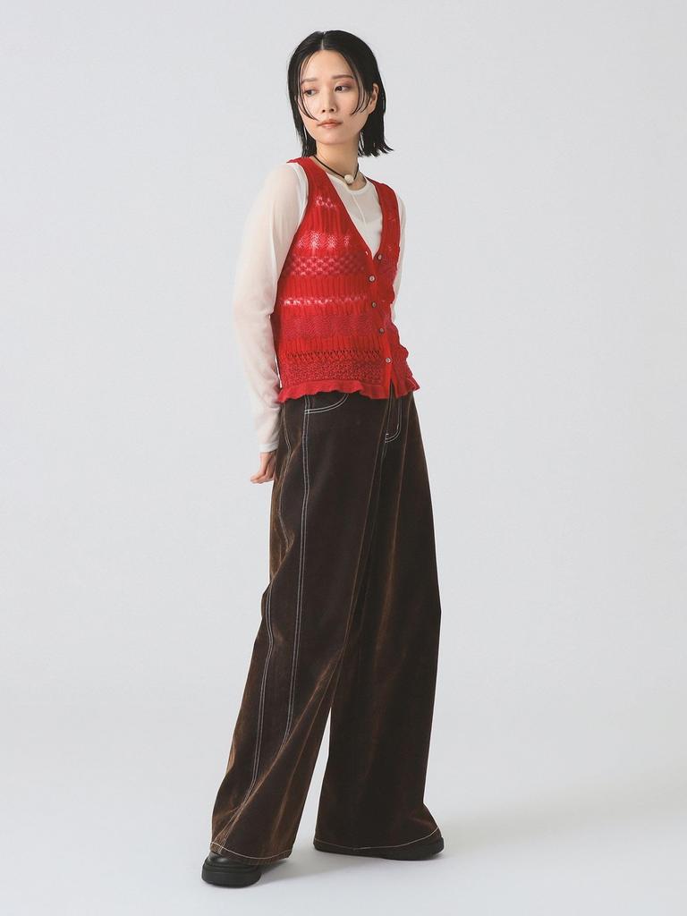 Ray Beams S/S Knit Vest, Striped Lace Knit Vest, Women's, Red, One Size