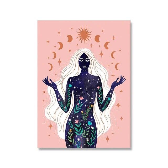 Bohemian Strega Terra Corpo celeste Stella Luna Dea del sole Creatività Poster Dipinti su tela e stampe Soggiorno Decorazione della casa