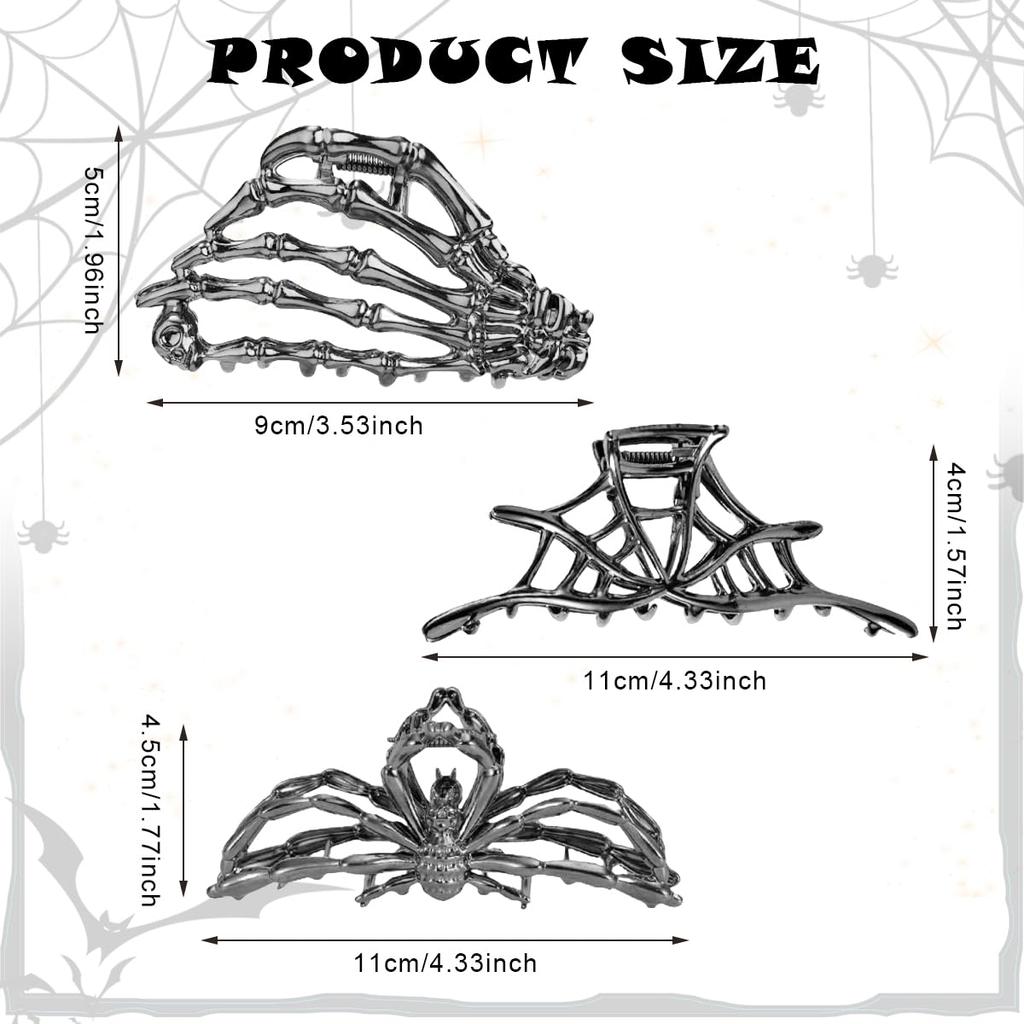 MAYCREATE® 3Pcs Gothic Hair Claw Clips for Women Girls, Skeleton Hand-shaped Punk Metal Claw Clip, Spider-shaped, Cobweb Metal Alloy Hair Clips Fas