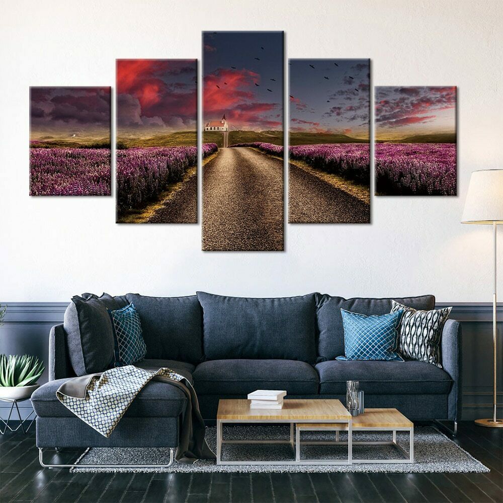 5Pcs Lavender Field Farm Road Decor Paintings HD Print No Framed 5 Panel Room Decor Abstract 5 Pieces Pictures Wall Home Decor