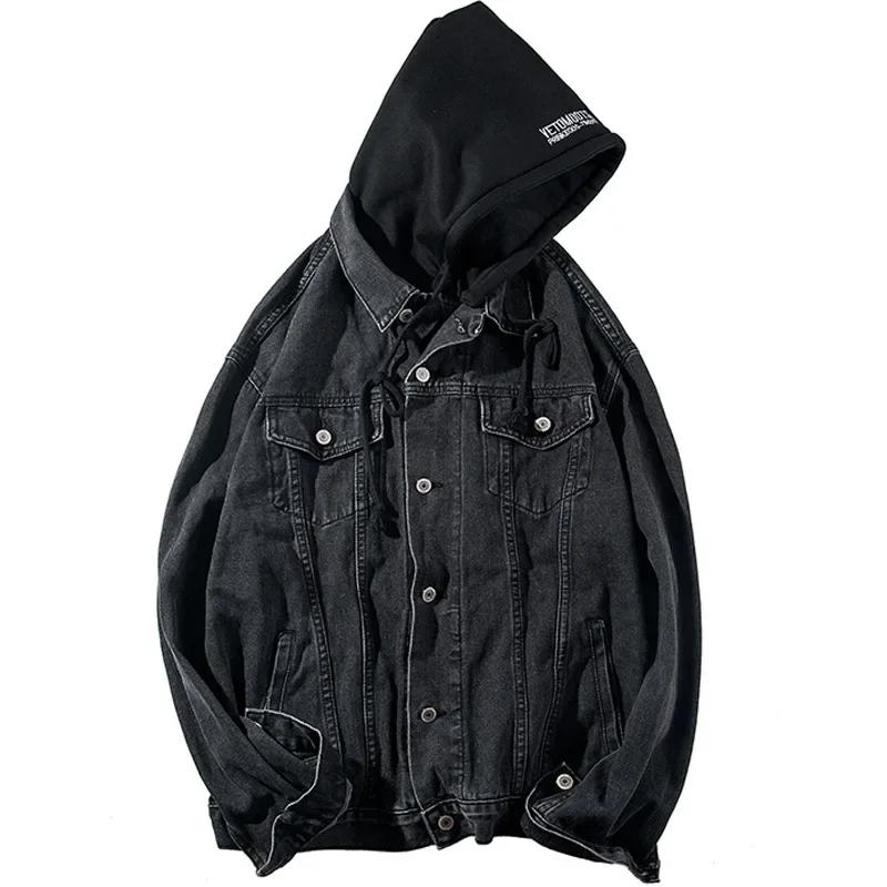 

2026 Men Hooded Denim Jacket Men Slim Fit Casual Streetwear Jean Jackets Male Trendy Outerwear Spring Jacket Coat Men S чорний