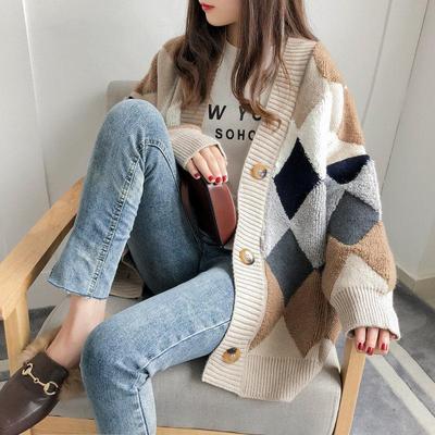 2025 Autumn/Winter Women's Korean-Style Argyle Knit Cardigan - Long Sleeve, Casual, Loose Fit