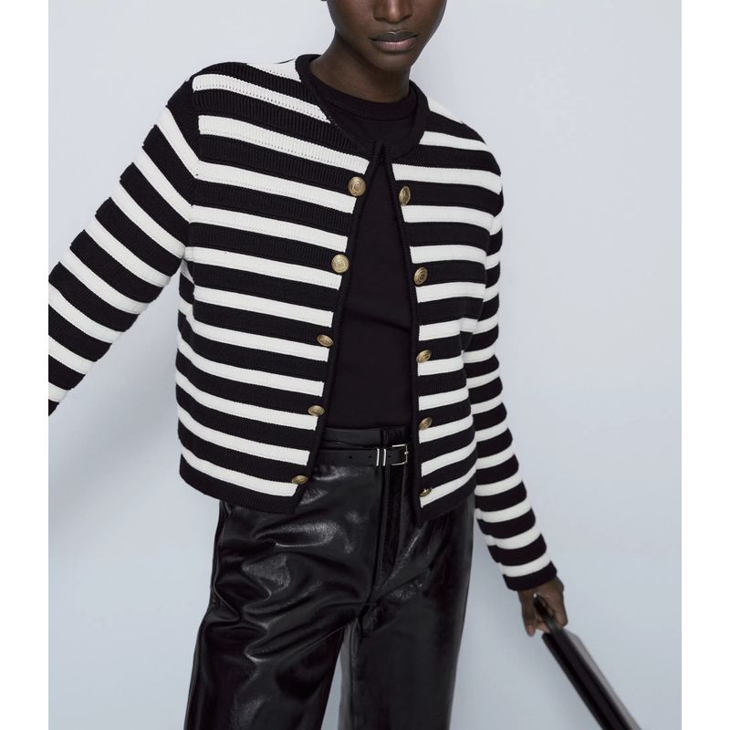 MD Spring New Arrival Women Retro Debutante Style Contrast Color Stripes Cardigan Round Neck Long Sleeve Knitted Coat 5637624