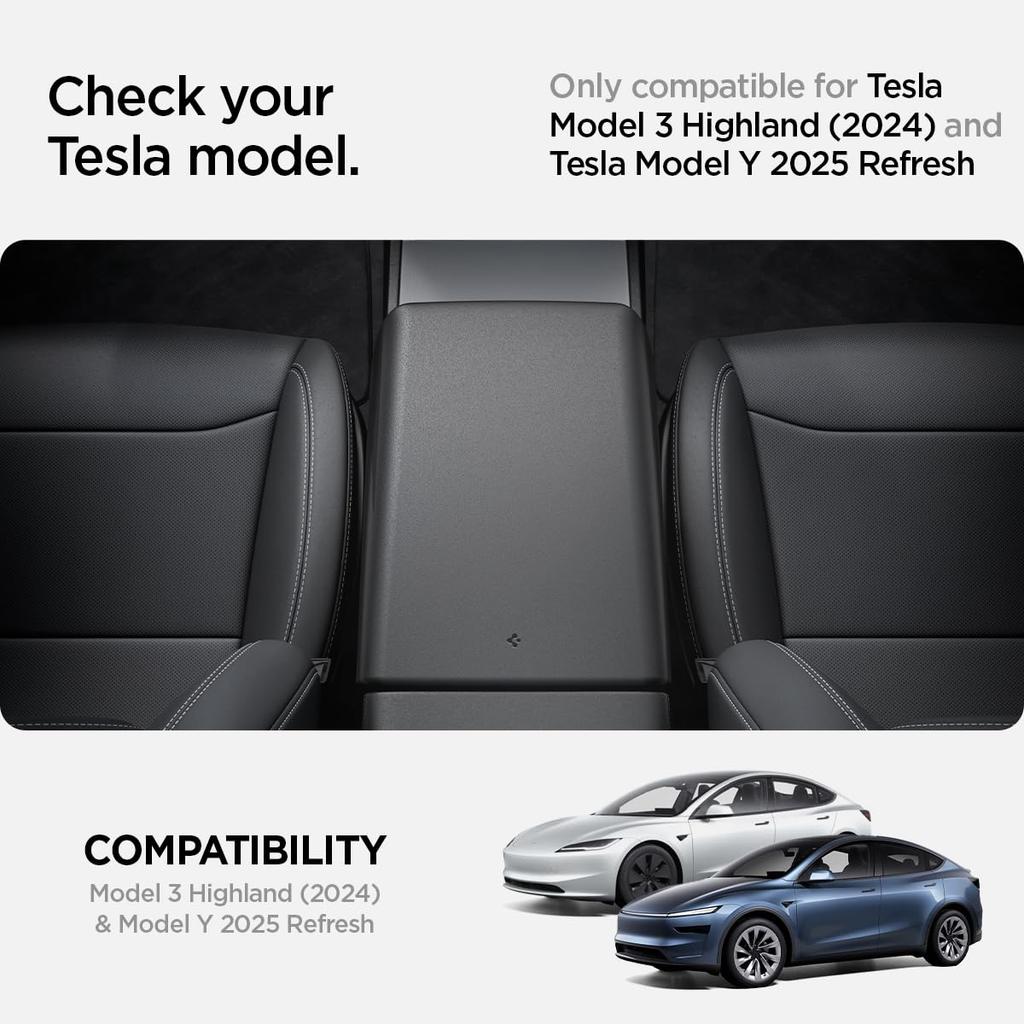 Spigen Center Console Armrest Cover for Tesla Model 3 2024 Refresh with EZ Instant Installation TO240H ACP07410 Non-Slip (Highland) Snap-On (Black)