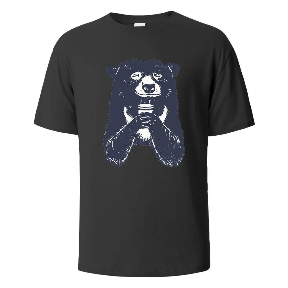 T-shirt à Imprimé Ours Buvant T-shirts d'Été Pour Hommes Femmes 100% Coton Col Rond Surdimensionné Décontracté Manches Courtes Streetwear Haut Basique