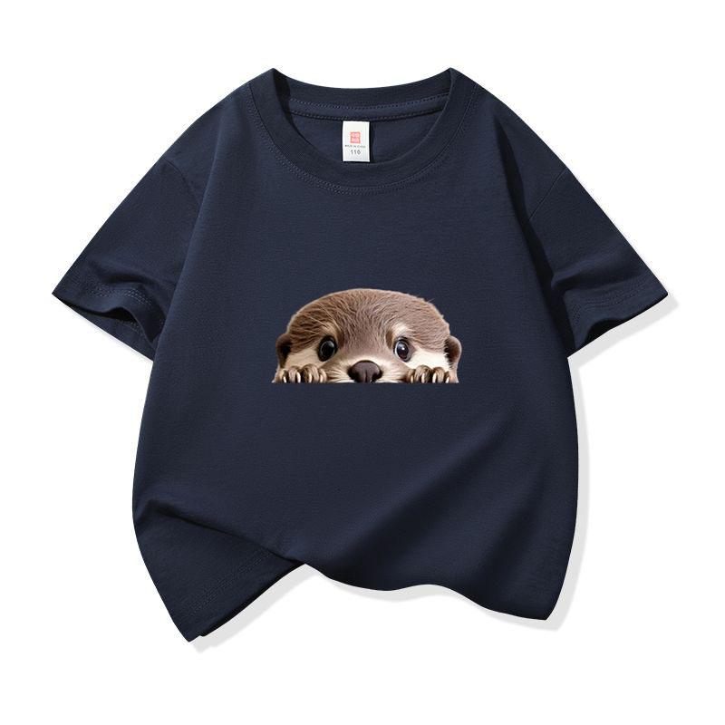 Kinder Baumwoll-T-Shirt Niedlicher Peekender Otter Aufdruck Rundhalsausschnitt Kurzarm T-Shirt Lässig Atmungsaktiv Jungen Mädchen Sommer Oberteile