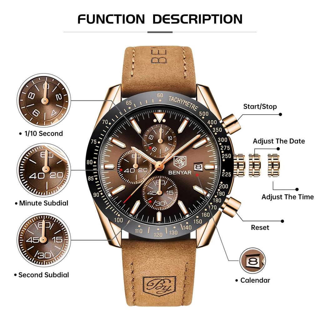 BY BENYAR Chronograph Analog 30M Water Leather Strap Quartz Brown Gift for Men Men's Watch, Resistant, Simple, Stylish, Popular, Formal, Movement,