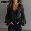 JPNTKY Women's Fashion Casual Solid Color Print Long Sleeve V Neck Blouses & Shirts