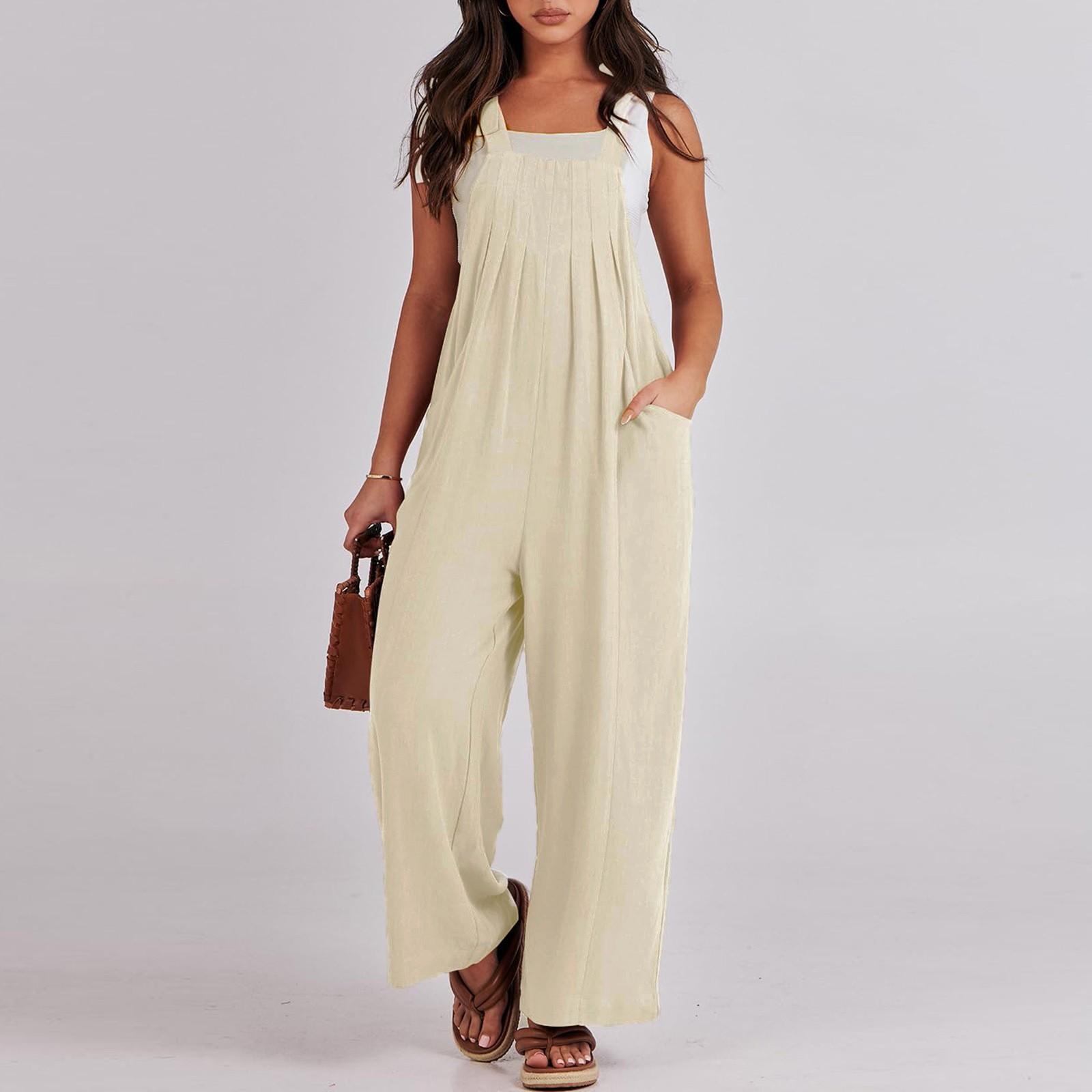 

Женские комбинезоны, повседневные свободные комбинезоны без рукавов с регулируемыми завязками, комбинезоны с широкими штанинами, наряды с карманами M белый