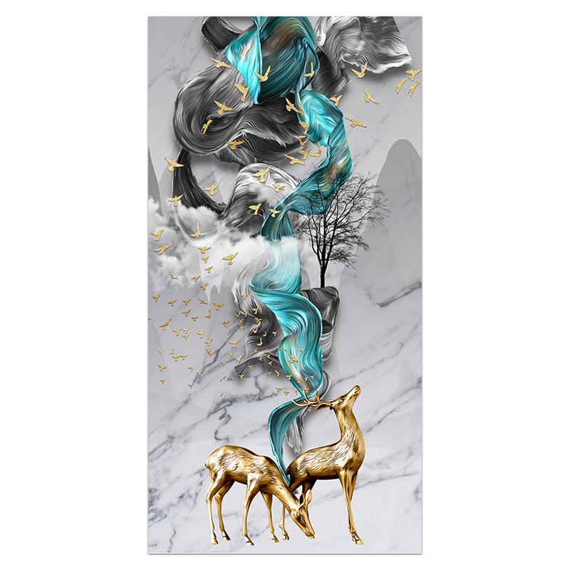 

Абстрактная картина с золотым оленем, большой размер, постер, синий принт, Золотая Настенная картина для гостиной, современный холст, домашний декор 50x100cm No Frame