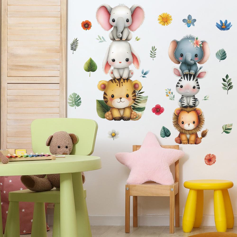 Self-adhesive Wall Stickers Cartoon Animals and Green Leaves for Kids Room Bedroom Home Decor