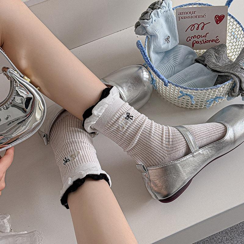 Double-Layer Lace Socks Children'S Dongdaemun Tide Socks Letter Bow Embroidered Medium Tube Stacking Socks Thin