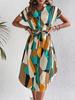 Women's Resort Style Color Block Dress with Belted Waist and Short Sleeves