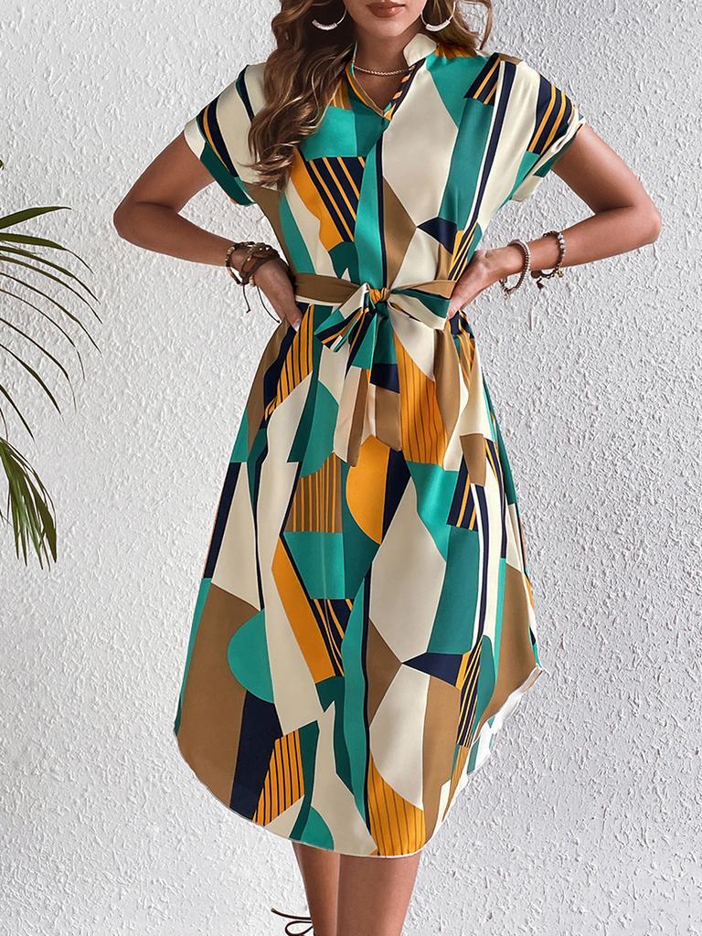 Women's Resort Style Color Block Dress with Belted Waist and Short Sleeves