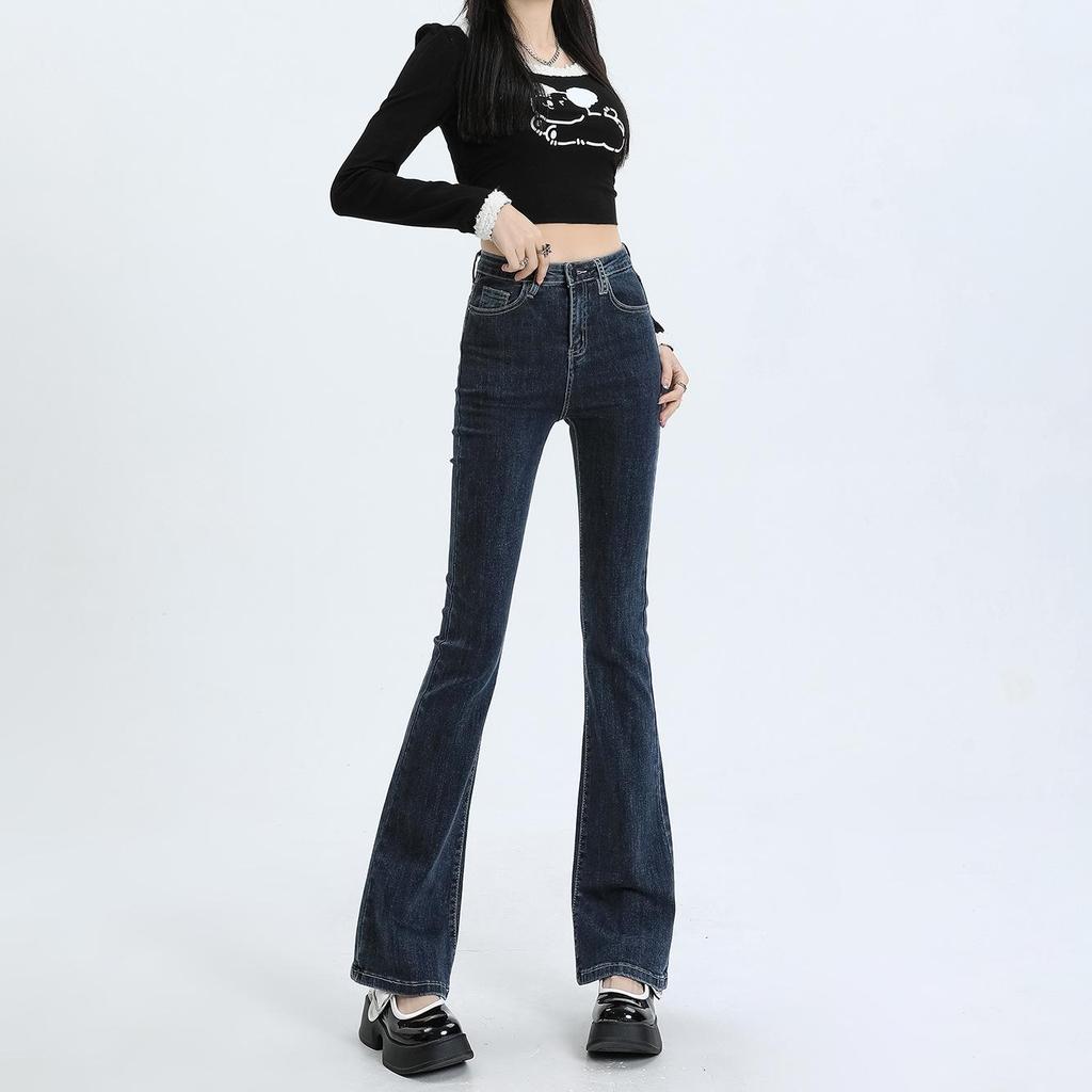 Women's Light Wash High-Waist American-Style Flared Jeans, Slim Fit, Elastic, Small Size, Washed Blue Horseshoe Design