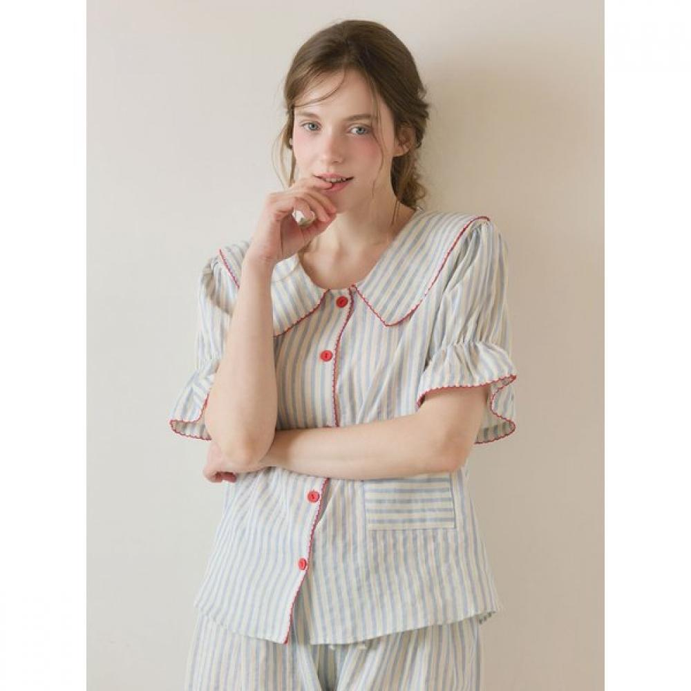 Lunaluz Women Cotton Short Sleeve Sailor Collar Two Piece Pajamas
