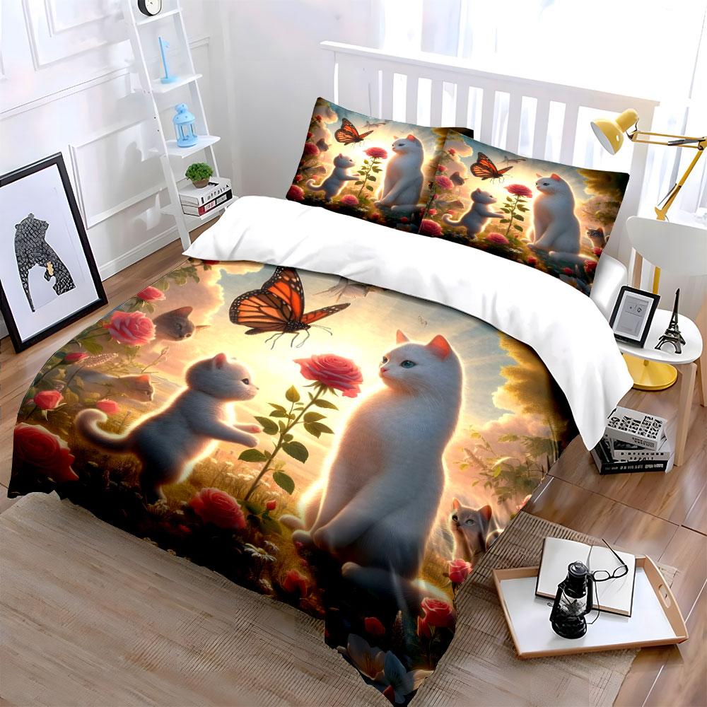 Whimsical Feline Garden Dream. Bedding Sets Duvet Covers Pillowcases(1* Duvet Cover 2* Pillowcases Without Duvet Insert)