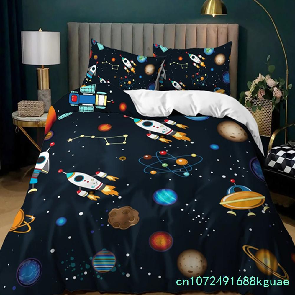 Space Bedding Boys Cute Space Alien Duvet Cover Green Rocket Ship Cartoon Planet Comforter Cover Black Bedding Set For Kid Teen