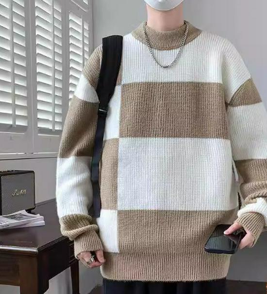 Men's Round Neck Color-Block Sweater - Trendy Knitwear Pullover for Autumn/Winter