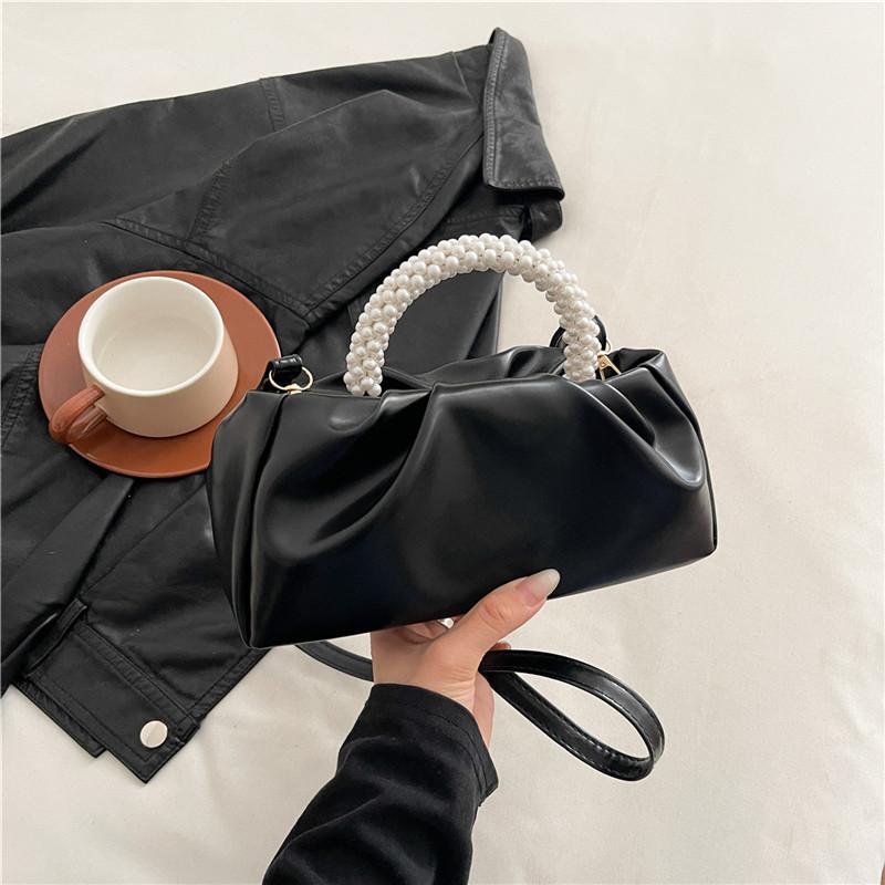 

Весна-лето 2025 нишевая новая женская сумка жемчужный браслет плиссированная сумка-облако на одно плечо кроссбоди мини-сумка чёрный