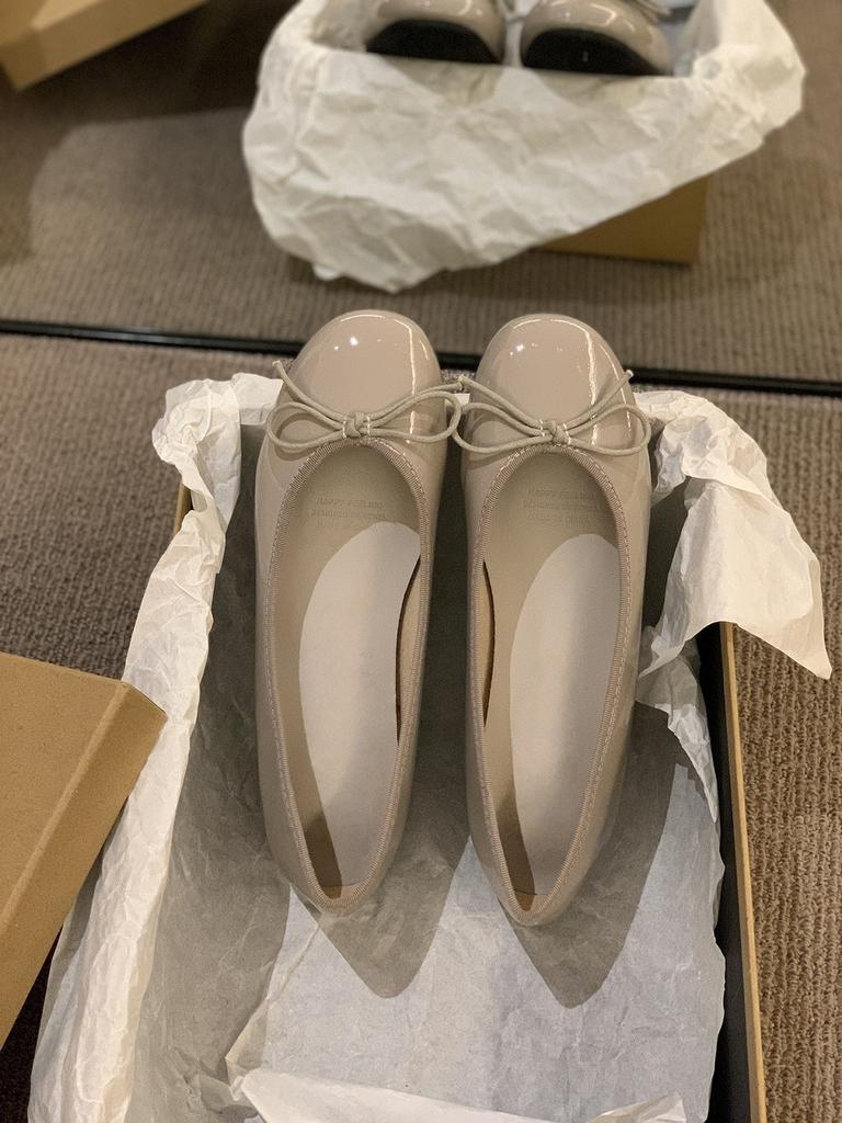 Round Head Patent Leather Single Shoes Summer Bow Flat Bottom Red Shoes Ladyshoes