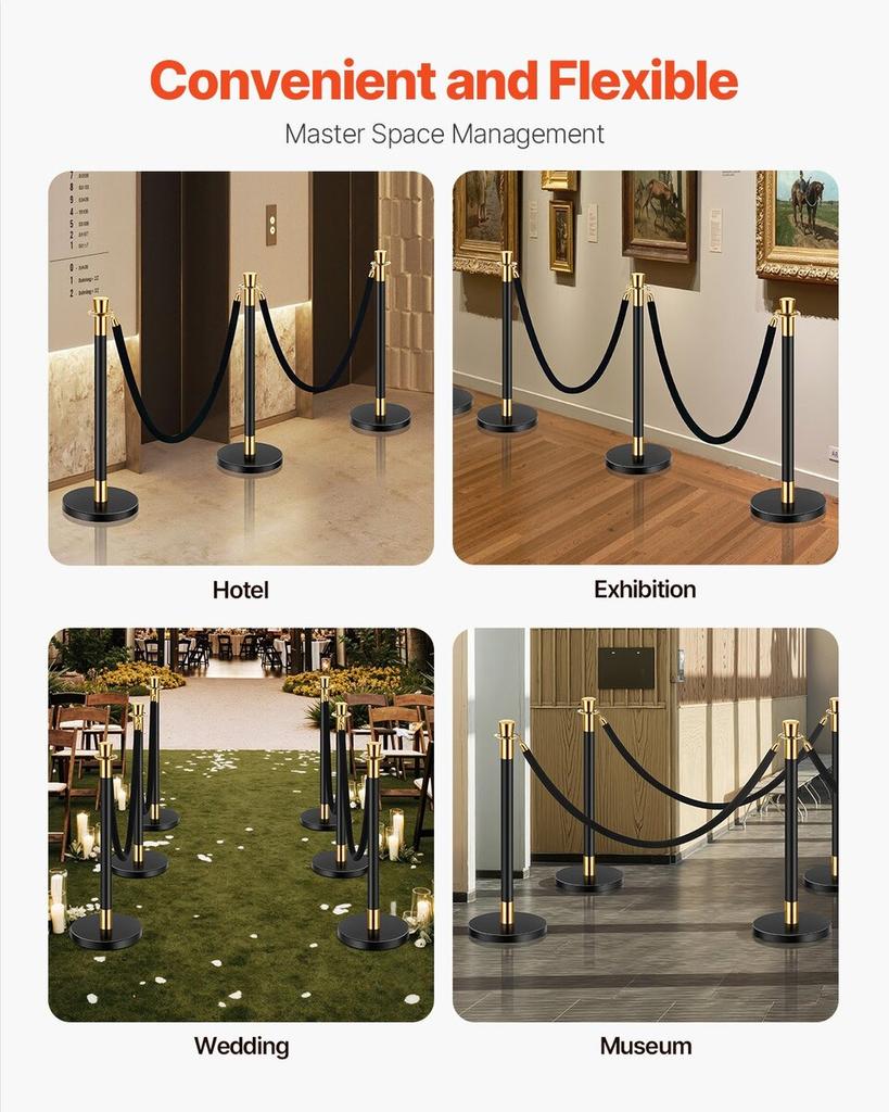 6 Pcs Stanchion Post with 4 Black Velvet Ropes Sand Injection Hollow Base