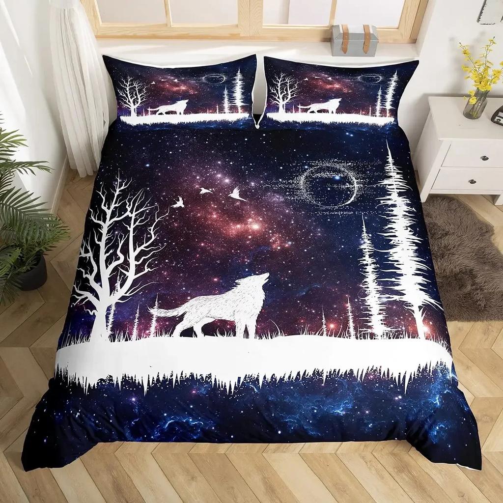 Wild Magical Wolf Bedding Set Wolf Howling 3Pcs Sets For Boys Vintage Oil Paint Wild Animal Single/Twin/Queen/King Size