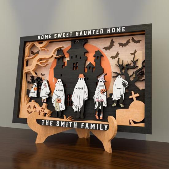 Halloween Ghost Family Photo Frame Wooden Tabletop Display Frame with Stand for Farmhouse Home Living Room Bedroom Shelf Decor