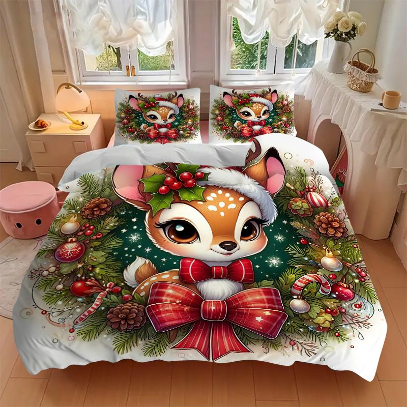 3pcs Christmas Plum Deer Bedding Set - Includes 1 Quilt Cover and 2 Pillowcases, Comfortable Bedding with Stylish Design for Bedroom, Machine Was