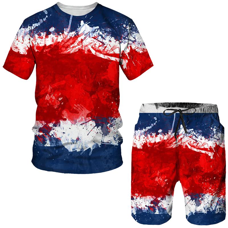 Summer Spain Flag 3D tisk Sada krátkých rukávů pro muže Mužské Barevné Funny Streetwear Dvoudílné tepláky Volné Hip Hop Streetwear