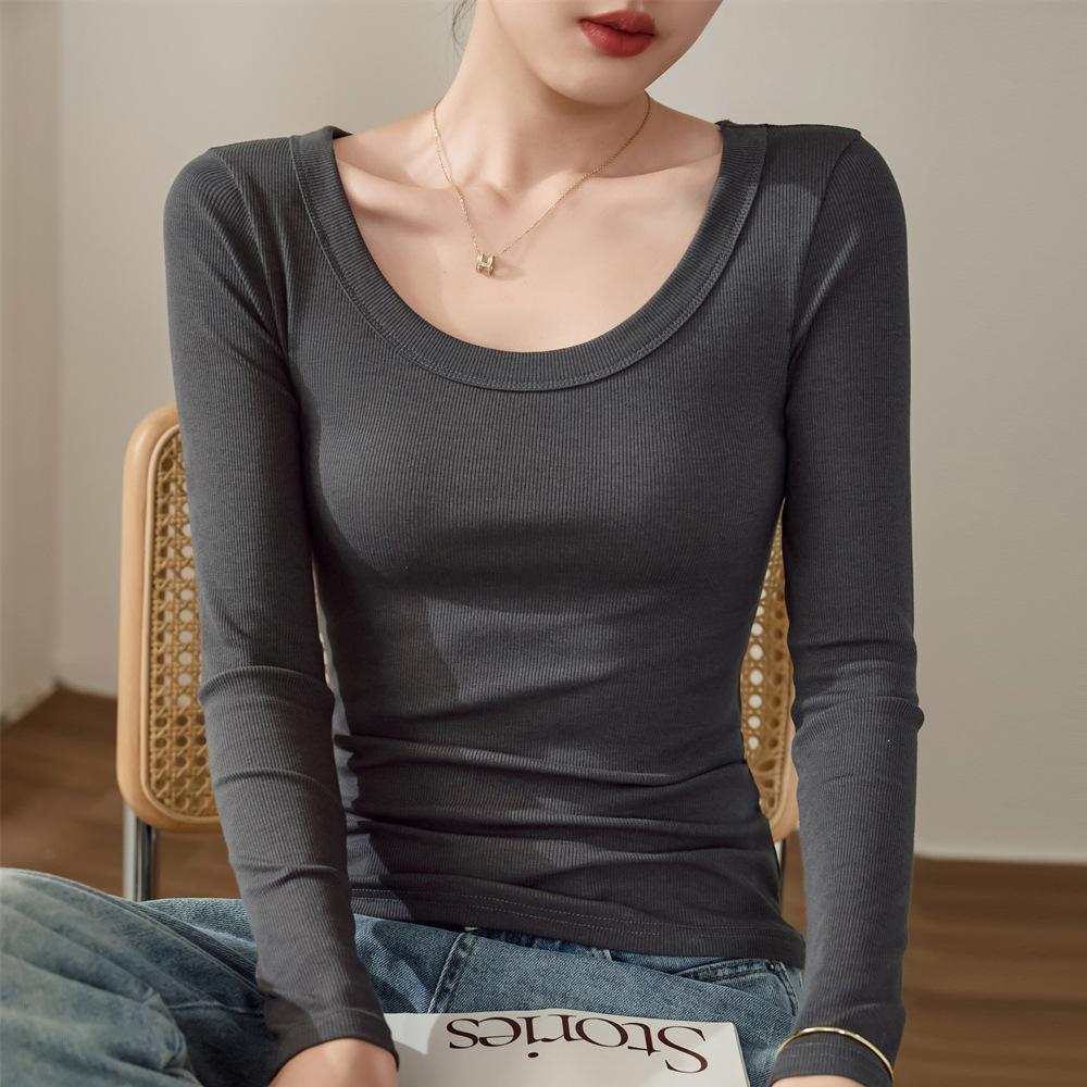New Autumn and Winter Pure Cotton Long-sleeved T-shirt for Women Korean Style Slim Slim T-shirt Top Solid Color Versatile Base Shirt