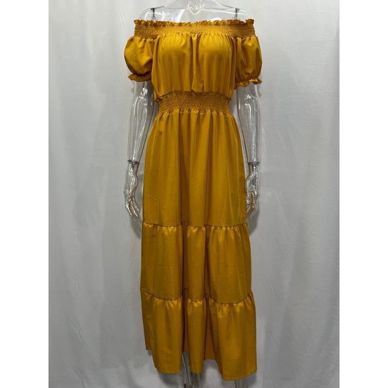 Off Shoulder Maxi Dress Short Sleeve Smocked Elastic High Waist Tiered Ruffle Flowy A-Line Casual Beach Vacation Daily Wear Solid Color Long Dress