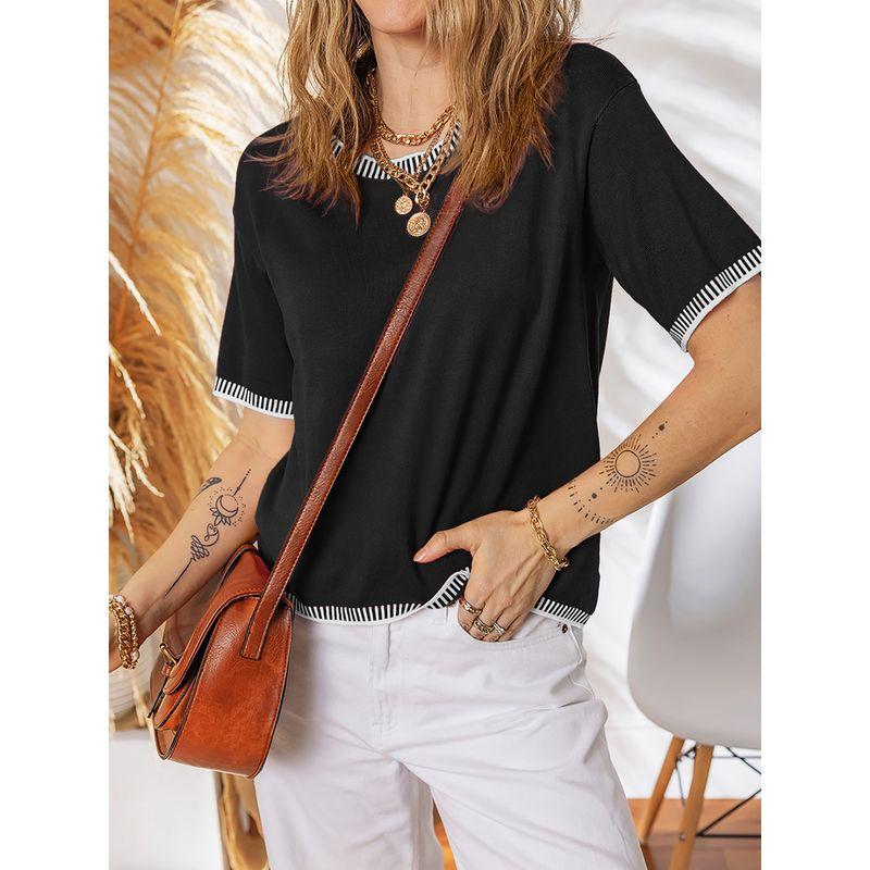 American Shiying Color Matching round Neck Short sleeve knit Women 2025 Summer New All-Match Three-Quarter Sleeve Top Women