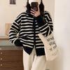 Double Zipper Striped Knitted Cardigan Women's Autumn and Winter New Thickened Versatile Loose Lazy Sweater Jacket