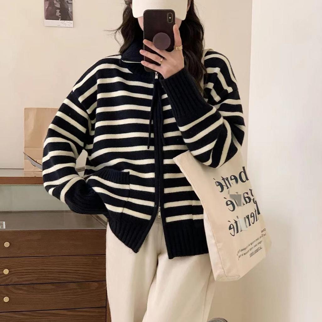 Double Zipper Striped Knitted Cardigan Women's Autumn and Winter New Thickened Versatile Loose Lazy Sweater Jacket