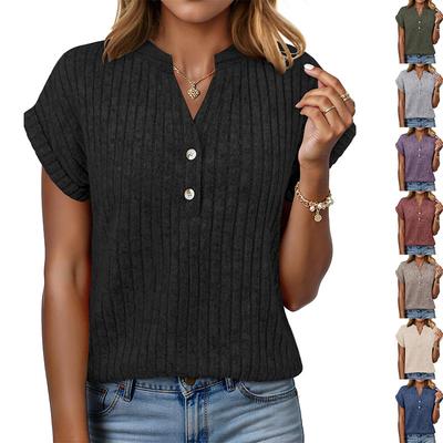 Spring Summer Ribbed V Neck Button Blouse Women Casual Short Sleeve T-Shirt