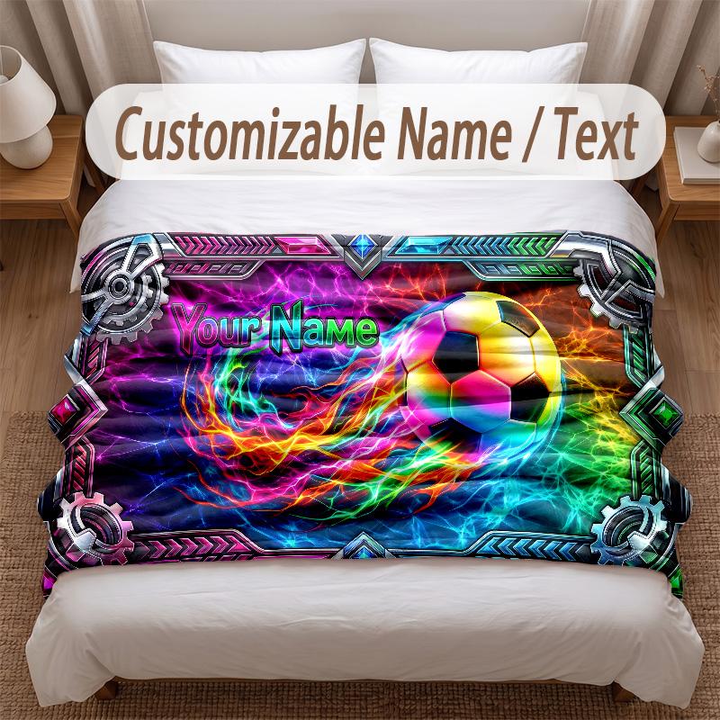 Soccer Theme Soft Blanket Personalized Custom Name Text Print Warm Blanket Home Sofa Bedroom Decor