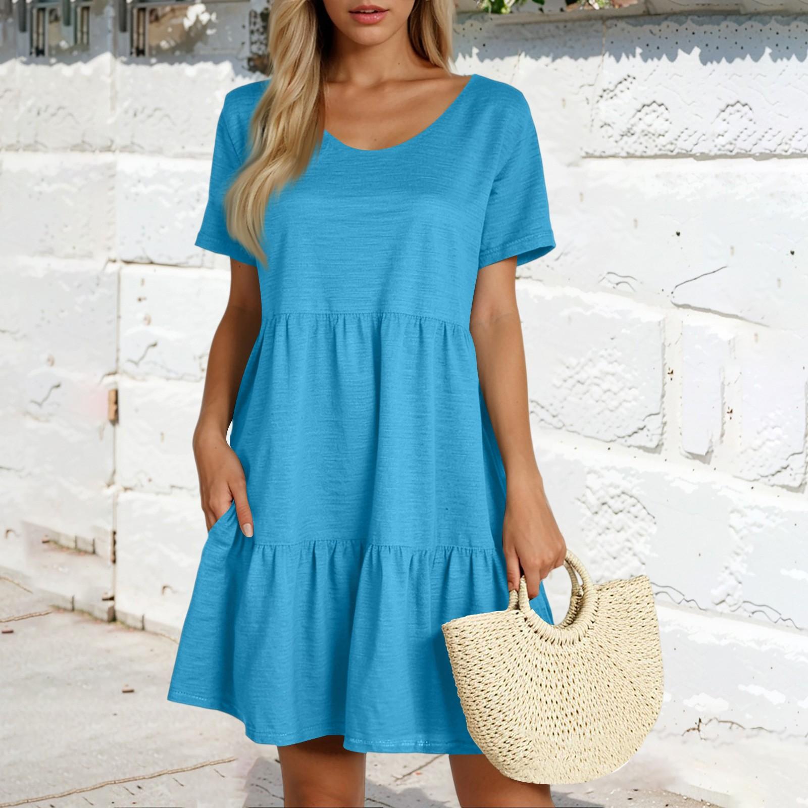 

Women s Casual Fashion Round Neck Short Sleeve Color Cake Skirt M синій