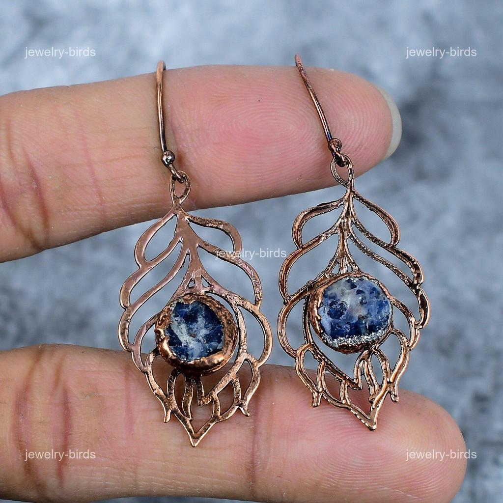 Round Sodalite Gemstone Copper Ethnic Electroformed Elegant Hook Drop Earrings VP-95