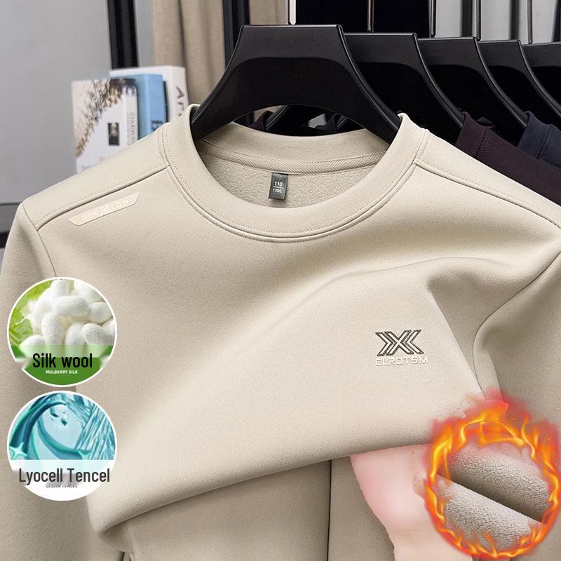 Men's High-End Wool-Blend Mulberry Silk Fleece-Lined Long-Sleeve Sweatshirt