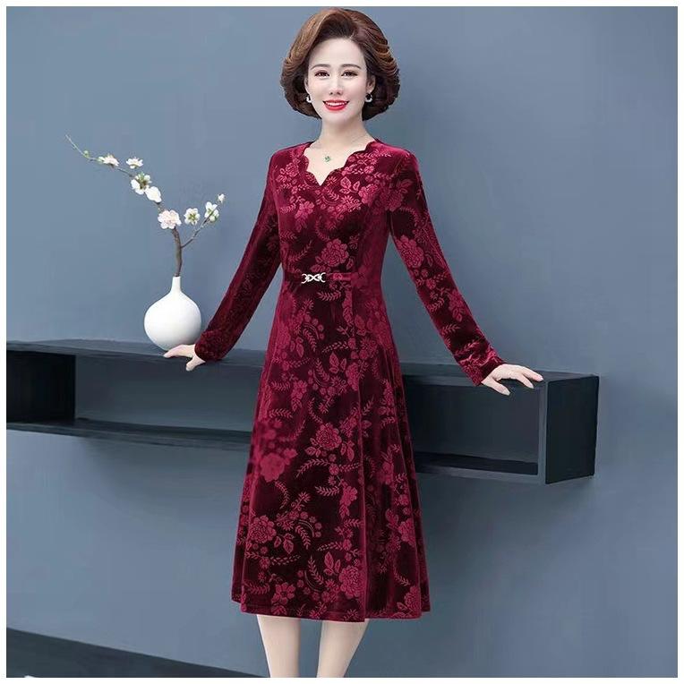 Women's Autumn Long-Sleeved Elegant Dress Mid-Waist V-Neck A-Line Skirt