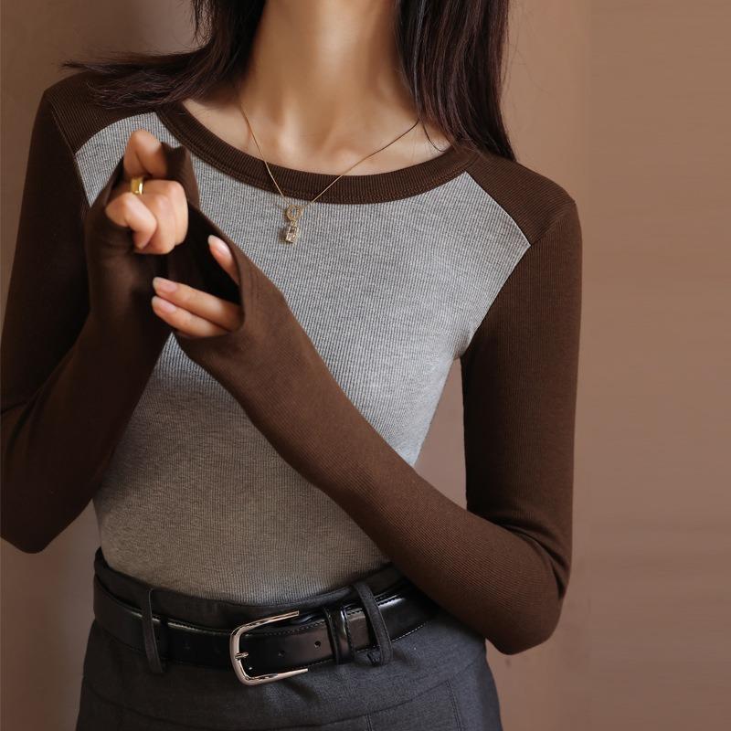 Women's Autumn and Winter Splicing and Color Collision Thread Round Neck Long Sleeve Top