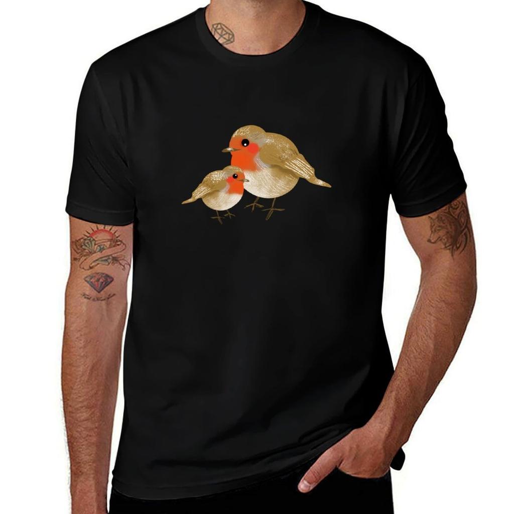 Big and Little Robin Redbreasts T-Shirt Basic Solid Color T-Shirt