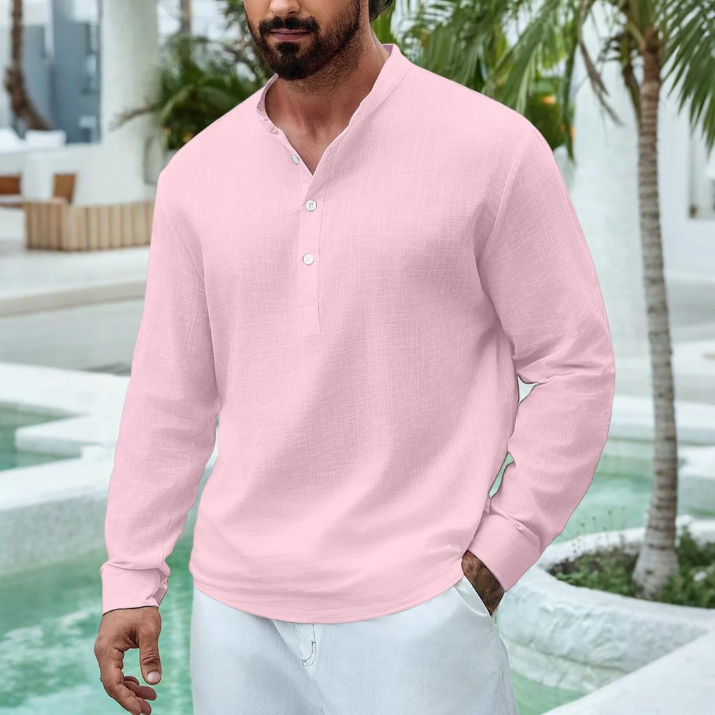 Men's Casual Stand Collar Half Door Cylinder Color Knot Cotton Linen Long Sleeve Shirt