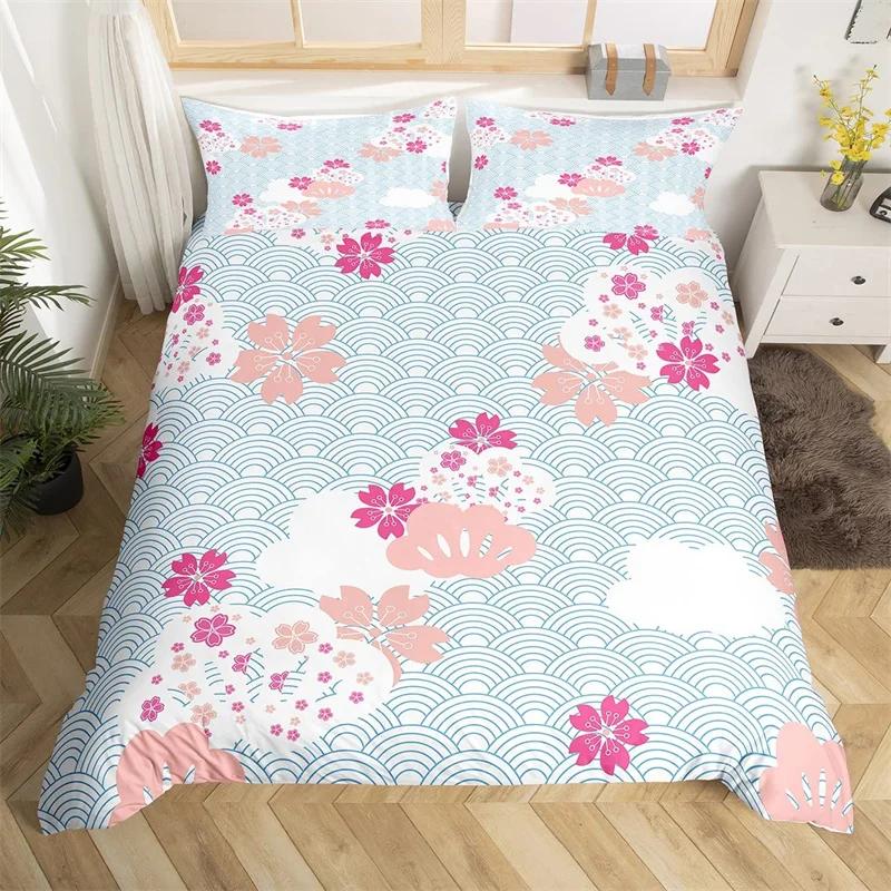 Cherry Blossoms Bedding Set Landscape Painting Duvet Cover Set Japanese Style Comforter Cover Polyester Abstract Art Quilt Cover